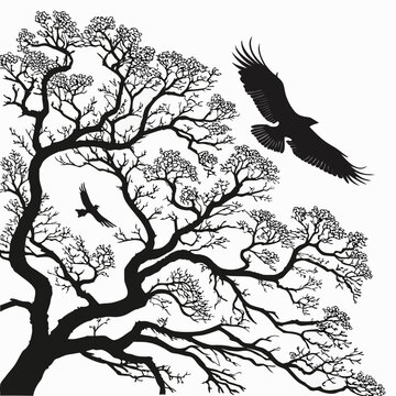 Silhouette illustration of eagles flying near a large blooming tree on white background