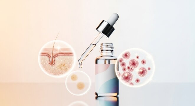 Cosmetic Serum Bottle with Dropper and Skin Cell Anatomy Infographics