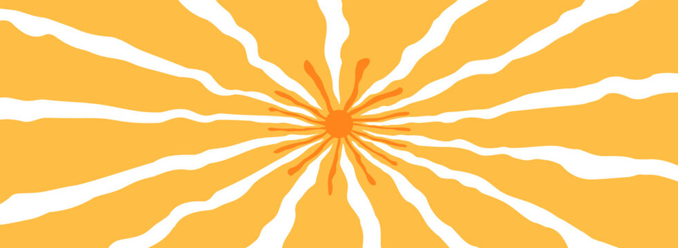 Summer sun background, sunny groovy wave pattern. Retro new sunshine bg. Abstract radial orange ray texture. Cartoon vector illustration