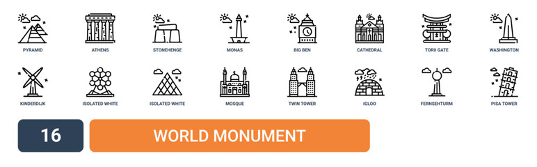 Set of 16 outline web World Monument icons such as pisa tower, fernsehturm berlin, igloo, twin tower, mosque, isolated on white background. Illustration from world monument collection.., isolated on © Elvin
