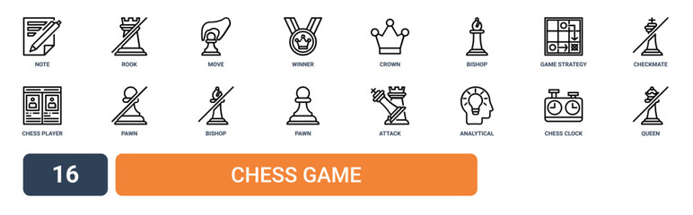 Set of 16 outline web Chess Game icons such as queen, chess clock, analytical thinking, attack, pawn, bishop, pawn vector icons for report, presentation, diagram, web design, mobile app © Elvin