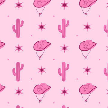 Cute pink cowboy seamless pattern with hats, striped cacti, sheriff star badges, and small spots on light backdrop for festive wallpaper and fabric printing
