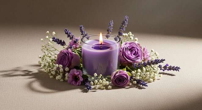 Aromatic Lavender Scented Candle with Purple Floral Wreath