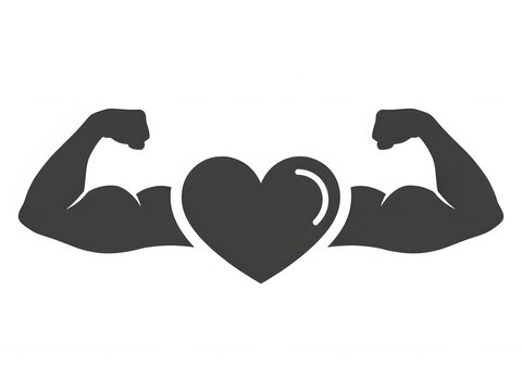 Fitness heart symbol with flexed arm muscles for love and exercise concept, minimalist vector icon