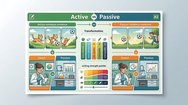 Grammar infographic comparing active and passive voice sentences
