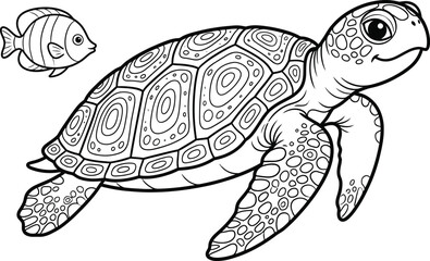 Fototapeta premium Sea turtle and fish swimming underwater coloring page line art