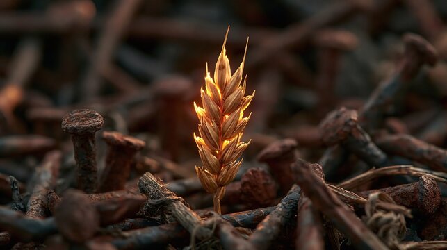 Wheat spike standing among rusty nails growth in adversity concept