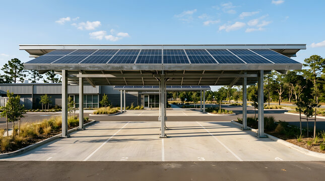 Modern solar carport installation in parking lot | Commercial photovoltaic canopy for renewable energy | Sustainable parking infrastructure with solar panels | Green energy solutions for corporate fac