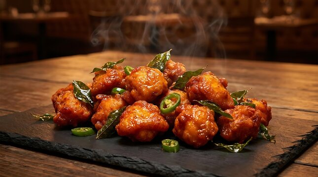 Spicy chicken 65 appetizer served on a black stone plate on a rustic wooden table. chicken 65