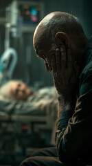 Fototapeta premium Devastated senior husband crying in grief with hands covering his face, sitting beside his blurred dying wife in a dark hospital ICU room