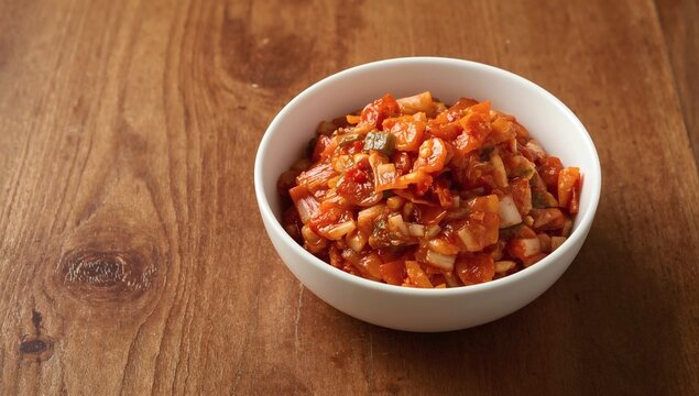 fresh homemade kimchi in white ceramic bowl on rustic wood table vibrant red and green fermented vegetables spicy korean side dish natural light food photography culinary art authentic asian cuisine c