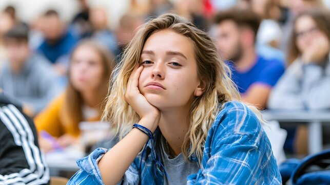 Bored Caucasian female student rests chin on hand, looking disengaged during a lecture in a classroom, with blurred peers in the background, conveying apathy and fatigue in an educational setting