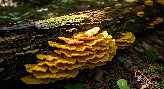 A vibrant yellow fungus grows on a fallen tree trunk in a forest