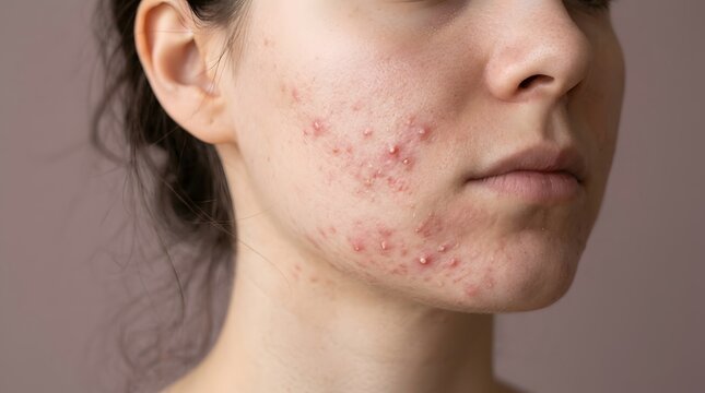Close up of young woman's face showing severe acne and inflammatory skin condition