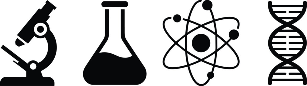 Science and chemistry laboratory icons of a microscope, erlenmeyer flask with liquid, atomic model structure, and dna double helix strand