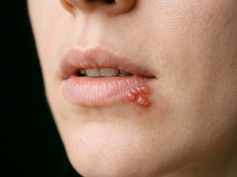 Close up of cold sore outbreak on lower lip