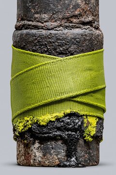 Rusty pipe wrapped with green strap and tar quick fix concept