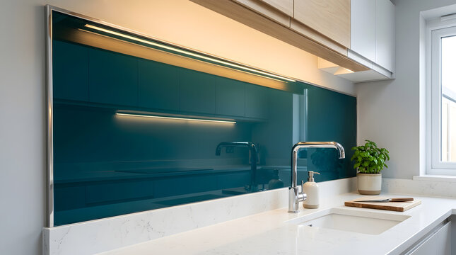 modern teal glass kitchen splashback | luxury kitchen design with chrome trim accents | contemporary glass backsplash for white countertops | minimalist kitchen renovation with under cabinet lighting