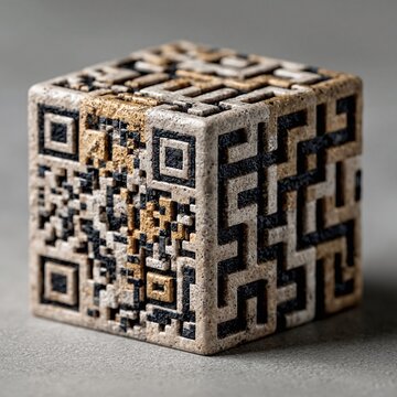 Stone cube carved with QR code pattern ancient meets digital
