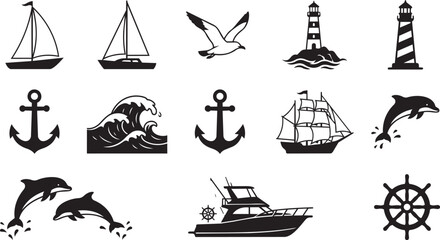 Nautical vector silhouettes with sailboats anchors waves dolphins lighthouse and ship for maritime themes © MST MEHENAJ