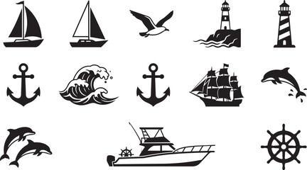 Nautical Silhouette Collection with Sailboat Dolphin and Lighthouse Vector Icons © MST MEHENAJ