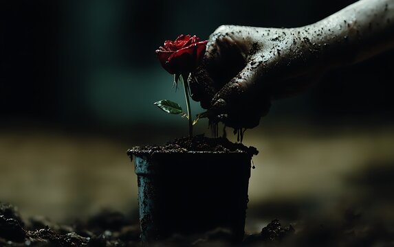 Dirty hand plants a red rose
