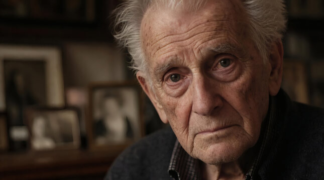elderly man s wrinkled face with melancholic gaze aging portrait deep wrinkles gray hair weathered skin soft focus muted tones contemplative mood human vulnerability travel of time emotional senior ca