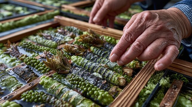 Hands Sorting Fresh Sea Grapes In Wooden Drying Trays