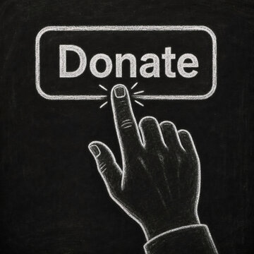 chalk donate gesture charity bold white hand clicking donation button textured blackboard board high contrast act of giving fundraising support