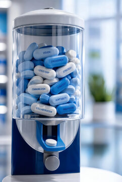 change management pills tablets glass dispenser innovation healthcare wellness futuristic blue white