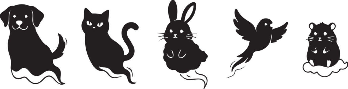 Cute pet animals as halloween ghosts vector illustration, spooky dog, cat, rabbit, bird, and hamster.
