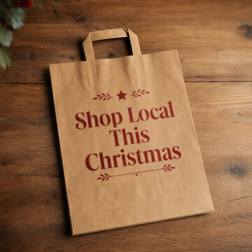 flat lay christmas shopping concept brown paper bag with shop local this christmas bold red text on rustic wooden table ample negative space minimalist elegance
