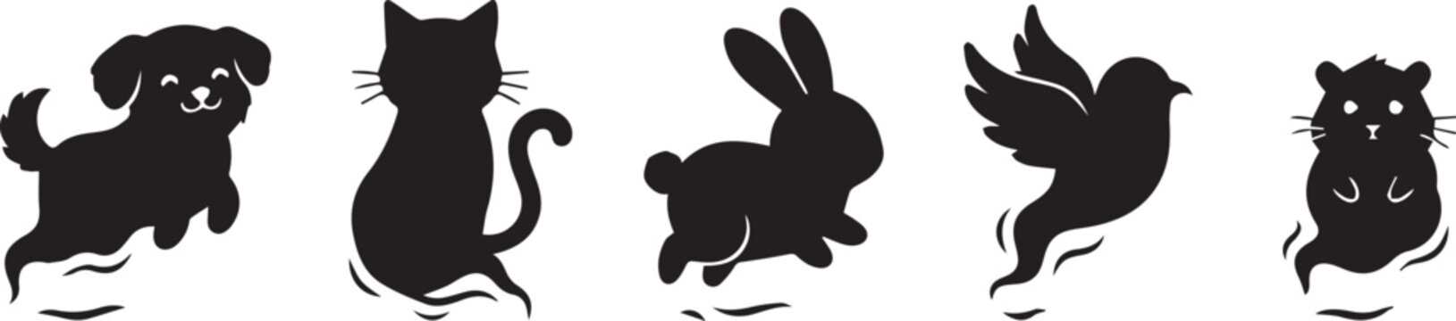 Five cute ghost animals including dog cat rabbit bird hamster with wavy tails isolated on grey background.