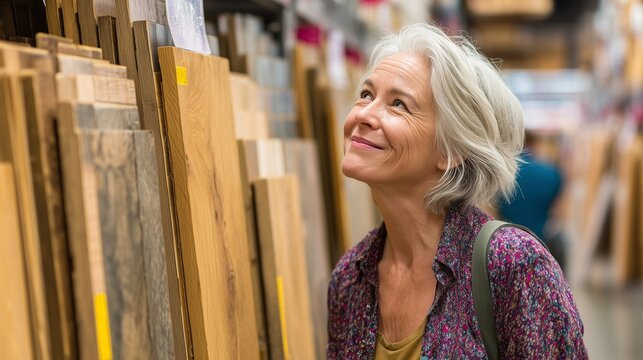 Woman examines lvp flooring plank sample in showroom, comparing wood finish options for home renovation and interior design.