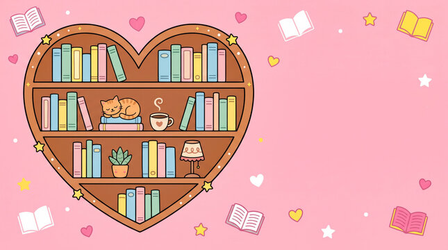 Heart-shaped bookshelf with cat, cup of tea, and potted plant
