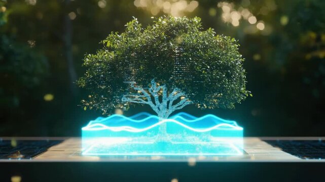 Digital tree with circuitry branches and leaves in a futuristic forest environment