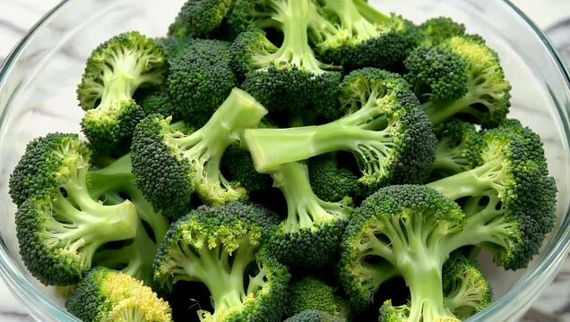 A pristine high resolution 4K culinary flat lay video featuring fresh deep green organic broccoli florets arranged neatly in a clear glass bowl on a luxurious cool white marble kitchen countertop