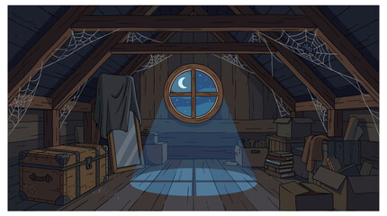 An old, dusty attic at night with a round window showing the moon and stars, illuminated by a spotlight effect on the wooden floor, in a cartoon style. © Maicon
