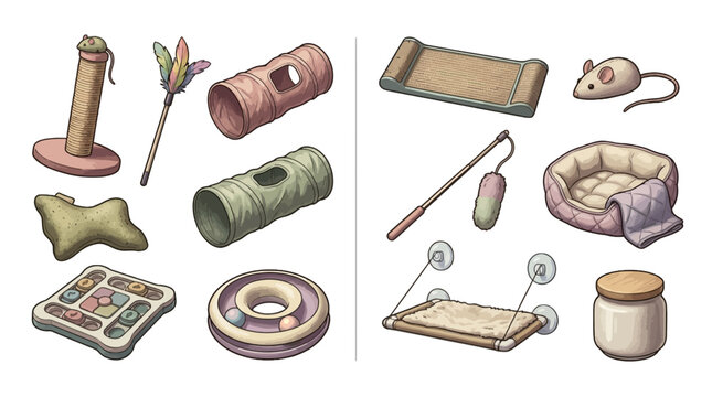Collection of cat toys and pet accessories including scratching post mouse and laser pointer for playful cats, illustrated in pastel shades for pet care and fun.