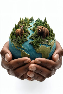 protect earth hands cupping globe with wildlife forest deer bear river sustainable future hope ecology care humanity nature preservation