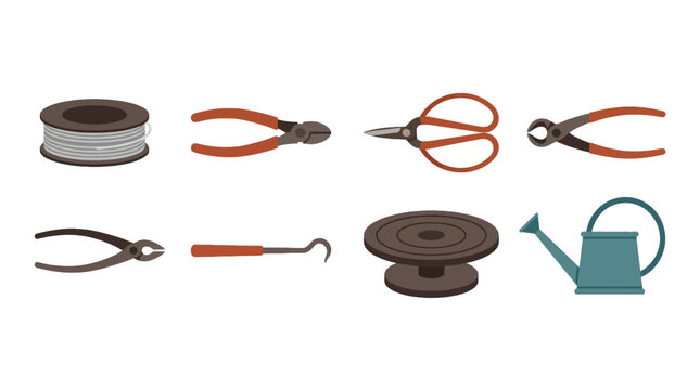 Gardening tools including pruning shears, watering can, scissors, stove, wire spool, and iron for home yard maintenance and plant care