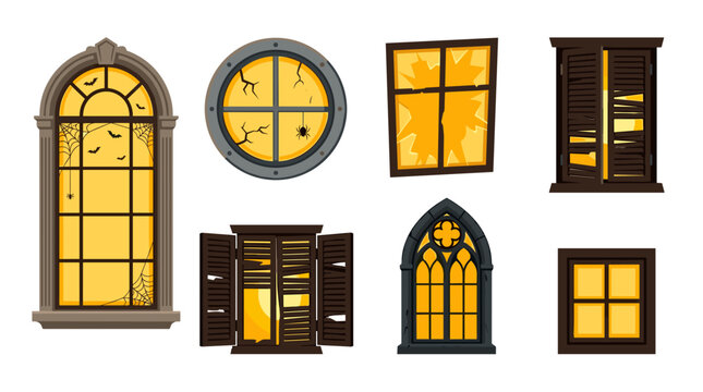 A collection of various spooky and old-fashioned windows with Halloween decorations and broken glass, set against a white background.