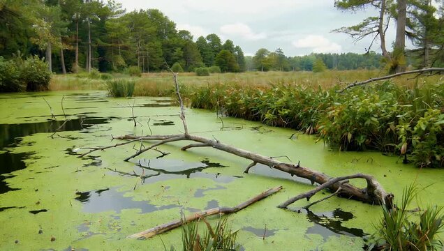 A beautifully rich 4K nature video showcasing a wild primeval swamp near Cs&aacute;sz&aacute;rt&ouml;lt&eacute;s Hungary featuring vibrant green duckweed algae coating the water old fallen branches and thick forest vegetation