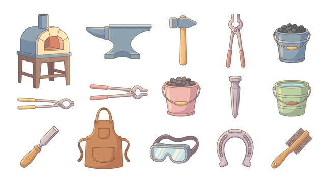 Assorted blacksmith tools and equipment including anvil, hammers, tongs, buckets, goggles, and more for craftsmanship and metalworking projects
