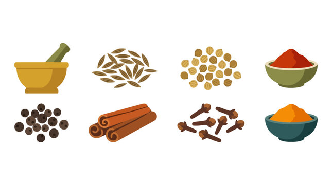 Assorted spices and herbs including cumin seeds, coriander, paprika, turmeric, cinnamon, cloves, and bay leaves arranged for cooking or culinary use