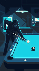 Shadowy Figure in Dark Hoodie Aims Cue Stick at Billiard Ball on Vibrant Cyan Baize, Dramatic Lighting in Dimly Lit Room, Vector Illustration © Rahja
