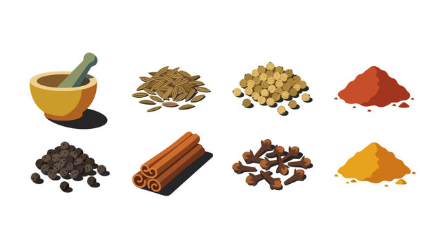 Assorted spices and herbs set with mortar pestle cinnamon sticks black peppercorns turmeric coriander cumin paprika and cloves