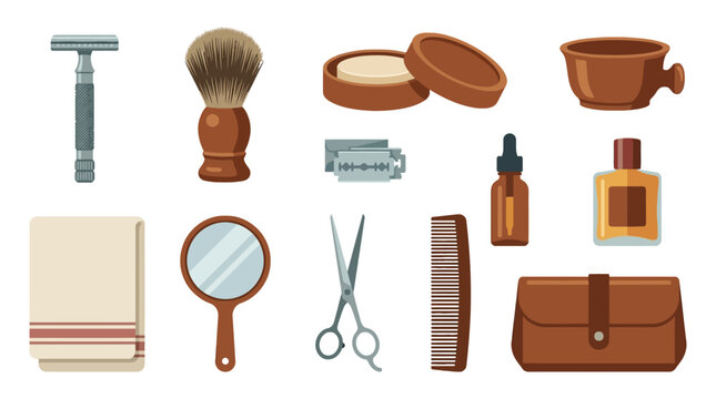 Collection of traditional barber tools including razor brush shaving soap bowl mirror scissors comb and grooming accessories for barbershop or barbering profession