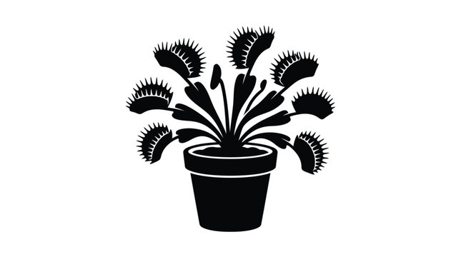 Venus flytrap in pot black silhouette against white background