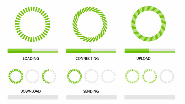 Green circular loading animations with progress bars flat vector illustration